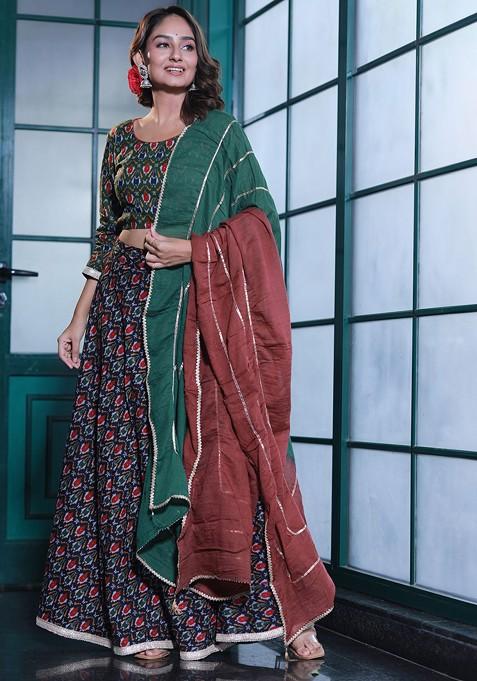 Green Printed Blended Lehenga Choli