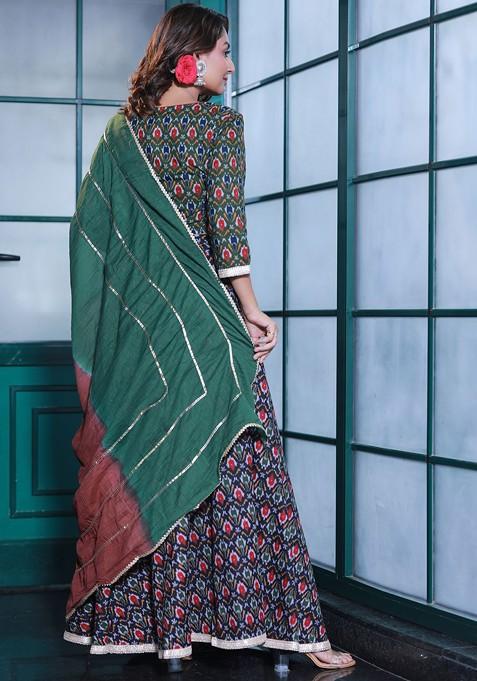 Green Printed Blended Lehenga Choli