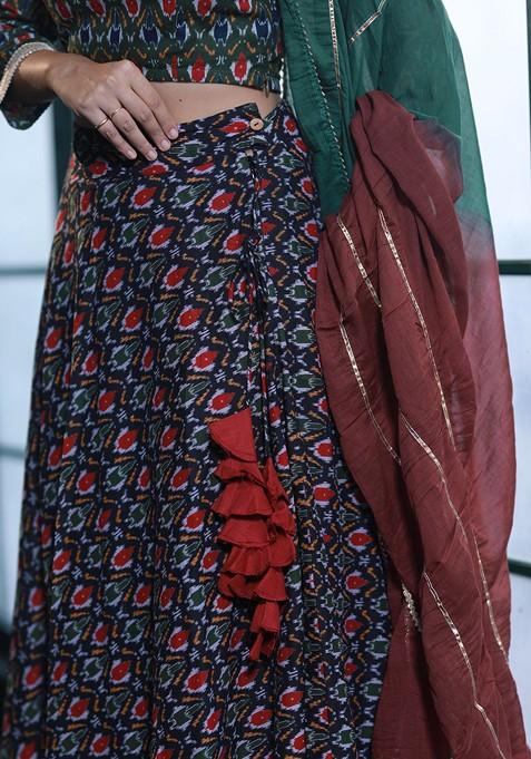 Green Printed Blended Lehenga Choli