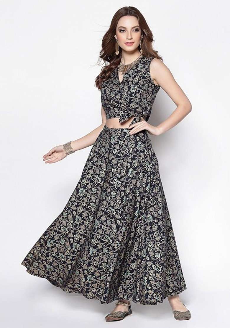 Navy Blue Printed Blended Lehenga Choli - Indya