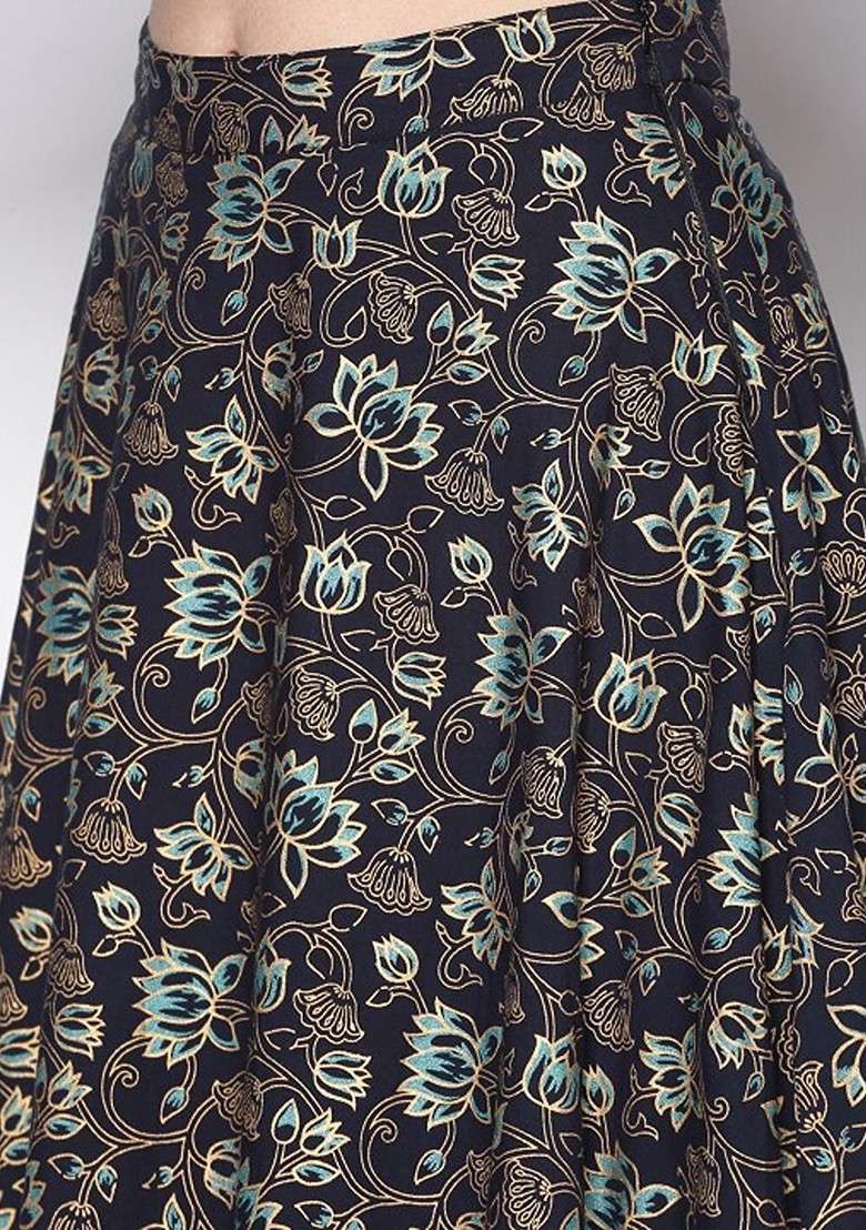 Navy Blue Printed Blended Lehenga Choli - Indya