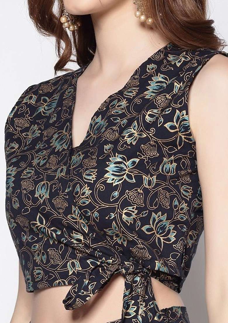 Navy Blue Printed Blended Lehenga Choli - Indya
