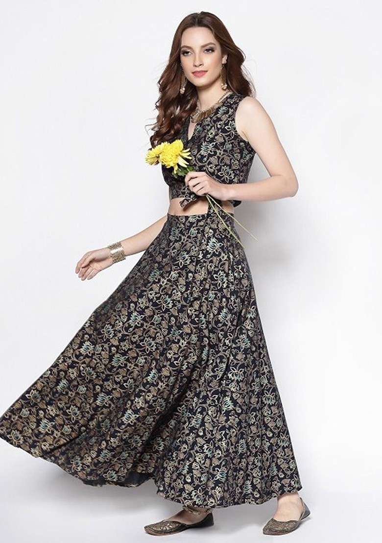 Navy Blue Printed Blended Lehenga Choli - Indya