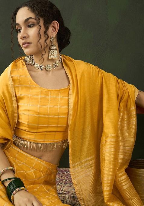 Yellow Woven Design Blended Lehenga Choli