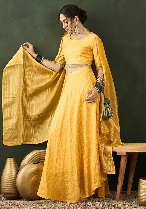 Yellow Woven Design Blended Lehenga Choli