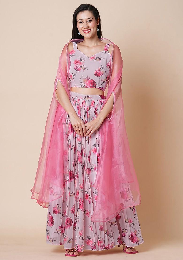Pink Printed Blended Lehenga Choli