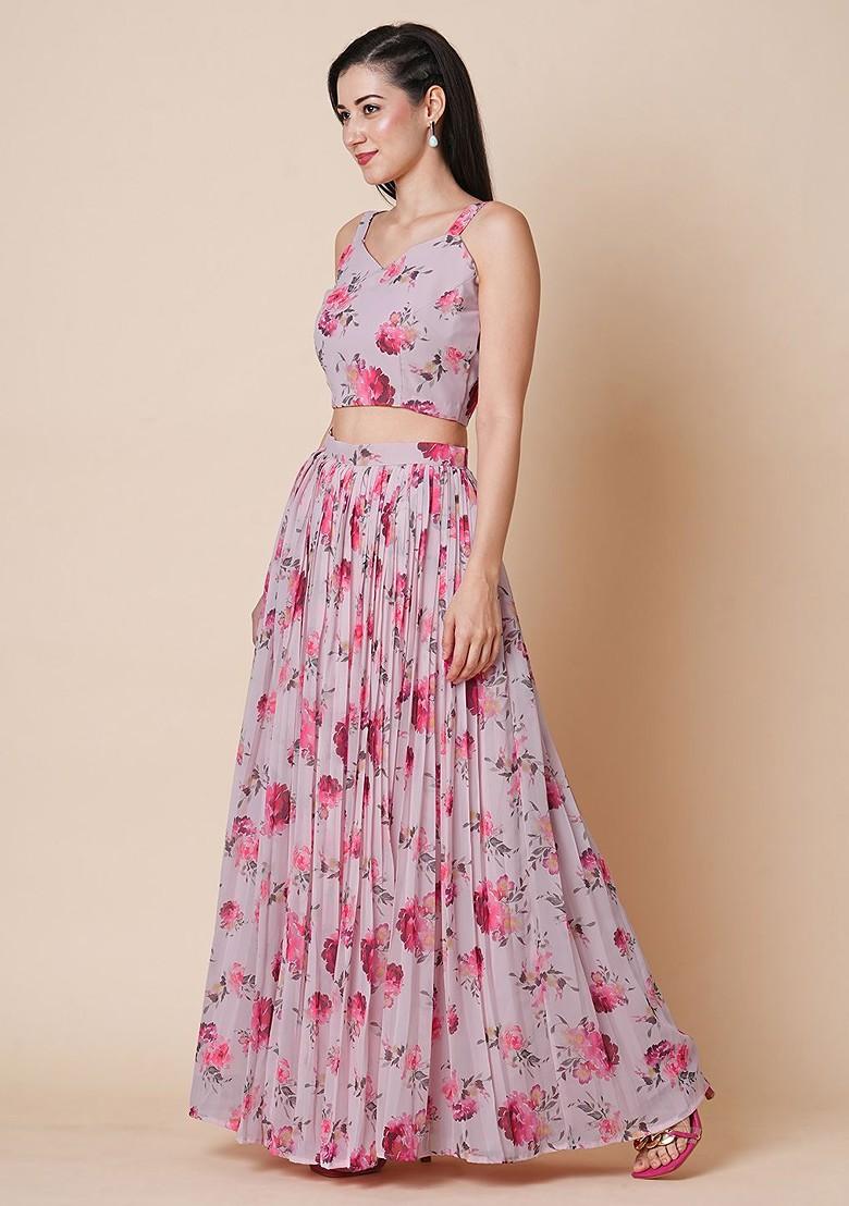 Pink Printed Blended Lehenga Choli