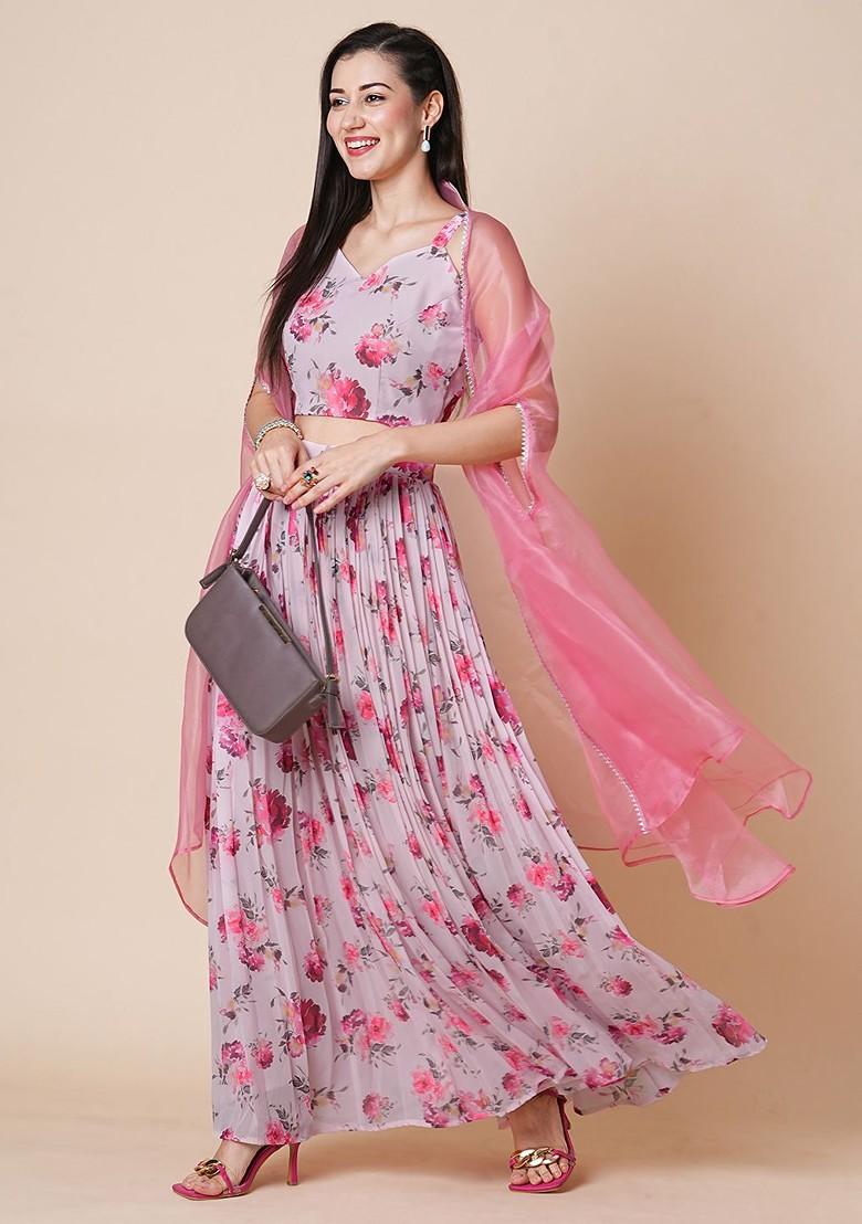Pink Printed Blended Lehenga Choli