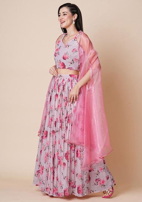 Pink Printed Blended Lehenga Choli