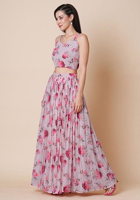 Pink Printed Blended Lehenga Choli