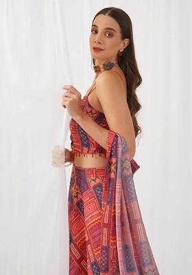 Red Printed Blended Lehenga Choli