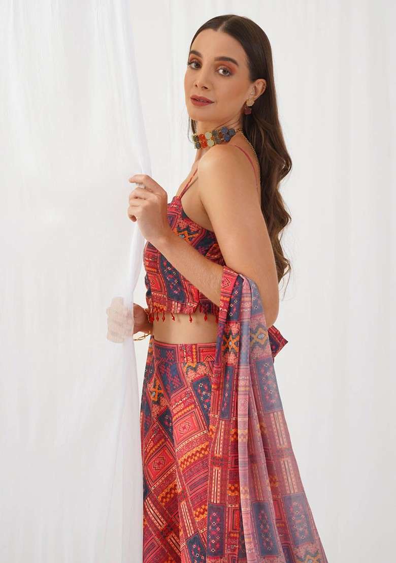 Red Printed Blended Lehenga Choli - Indya