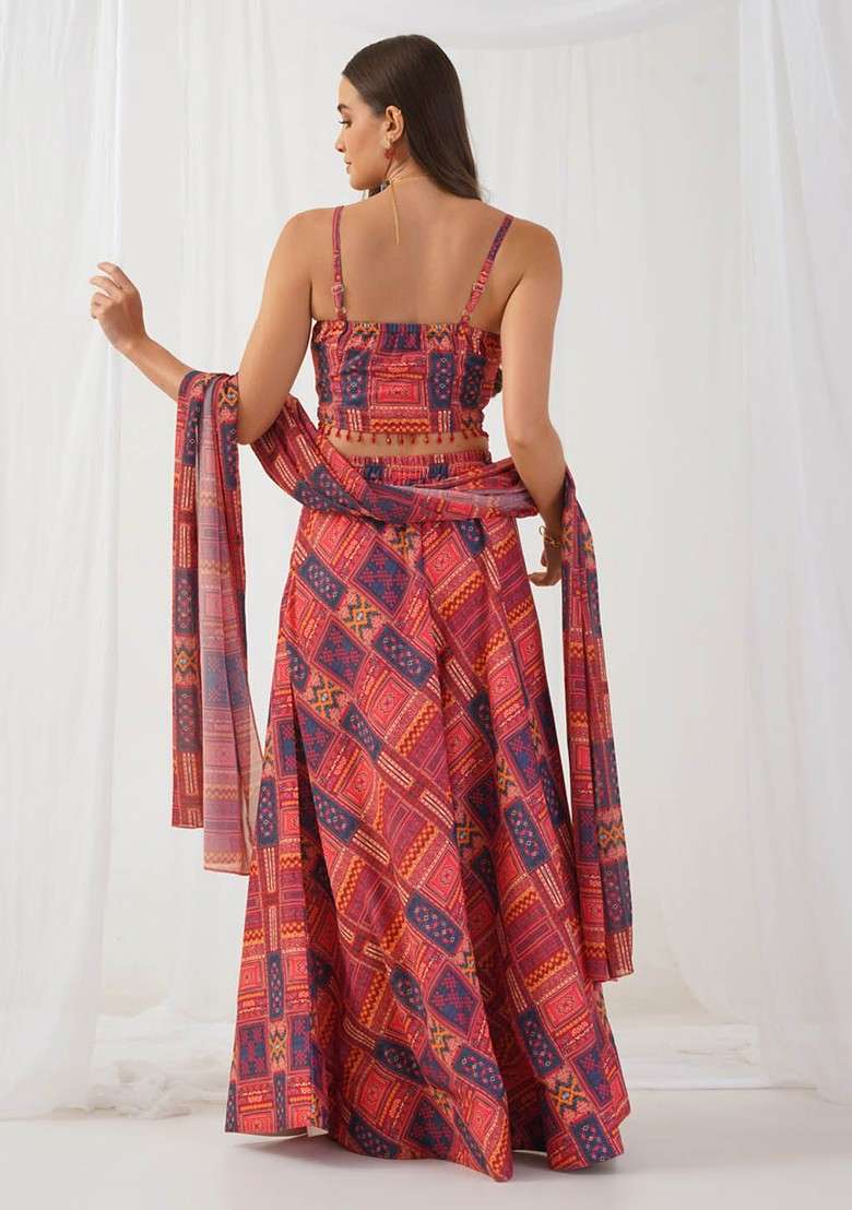 Red Printed Blended Lehenga Choli - Indya