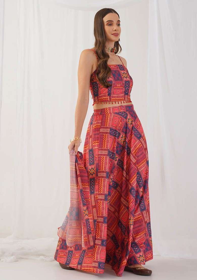 Red Printed Blended Lehenga Choli - Indya