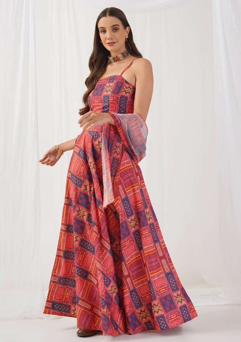Red Printed Blended Lehenga Choli - Indya