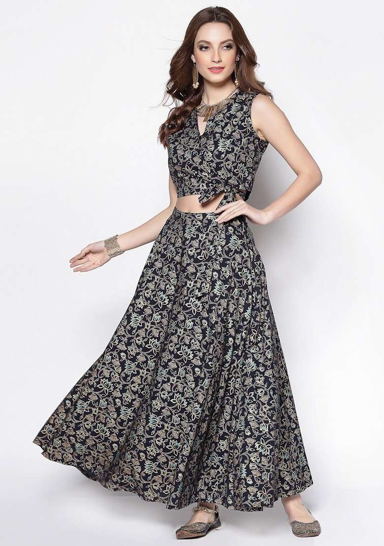 Navy Blue Printed Blended Lehenga Choli - Indya