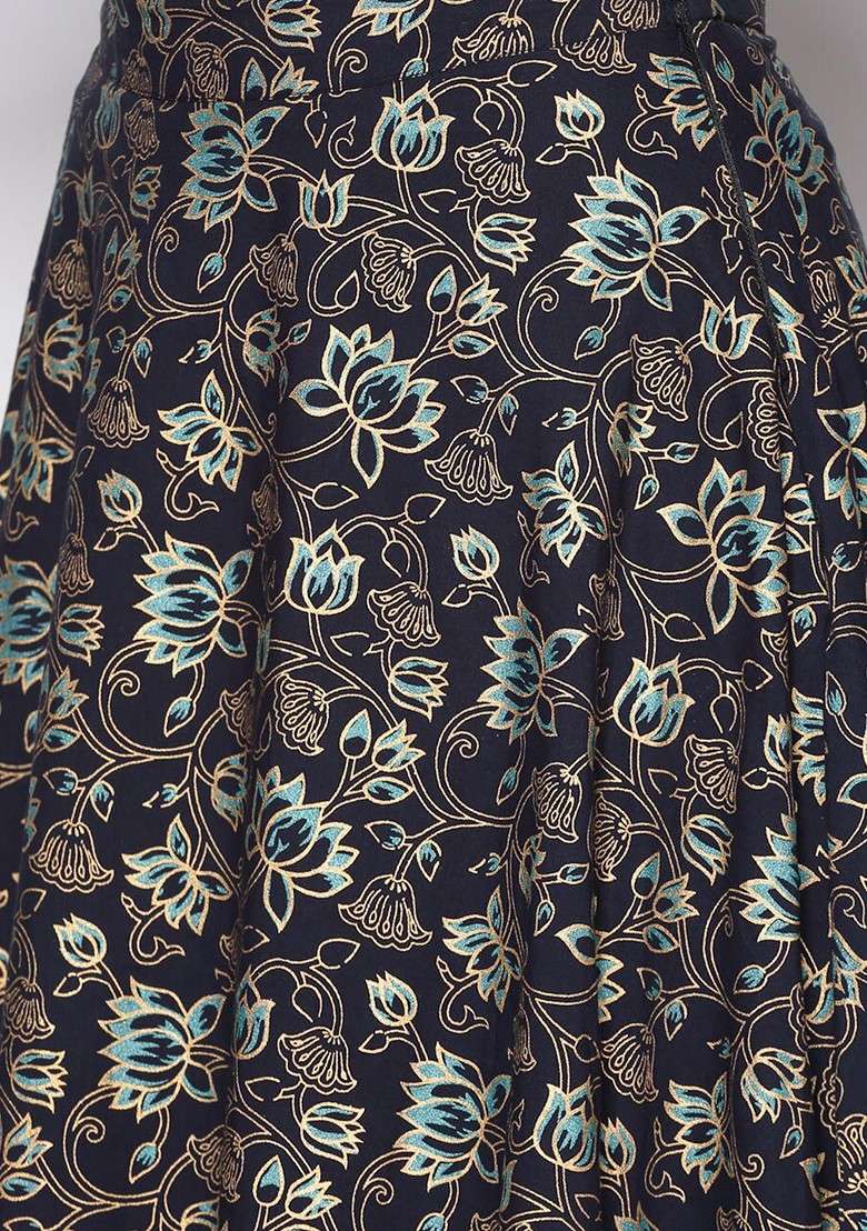Navy Blue Printed Blended Lehenga Choli - Indya