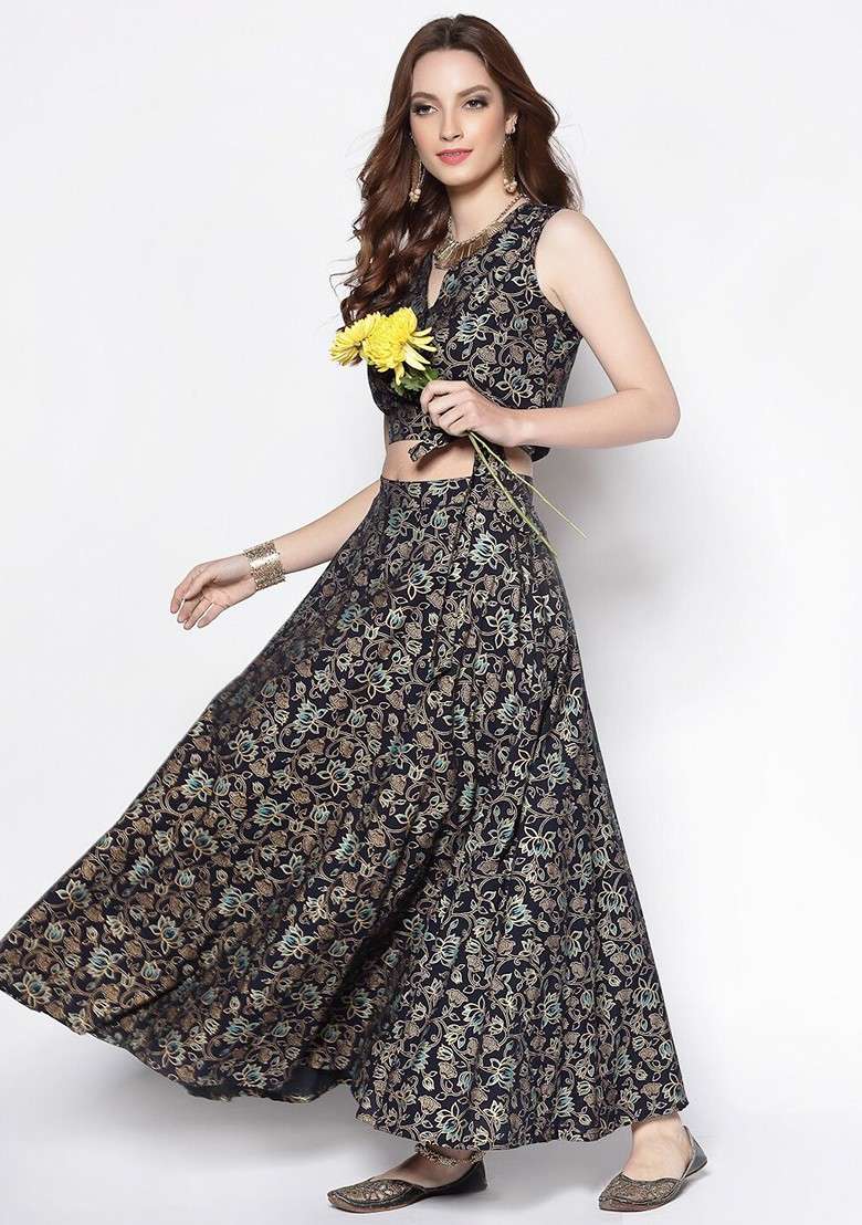 Navy Blue Printed Blended Lehenga Choli - Indya