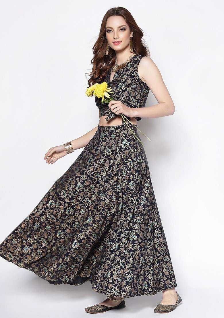Black Printed Blended Lehenga Choli - Indya