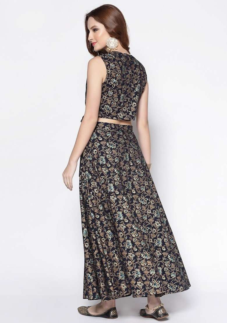 Black Printed Blended Lehenga Choli - Indya