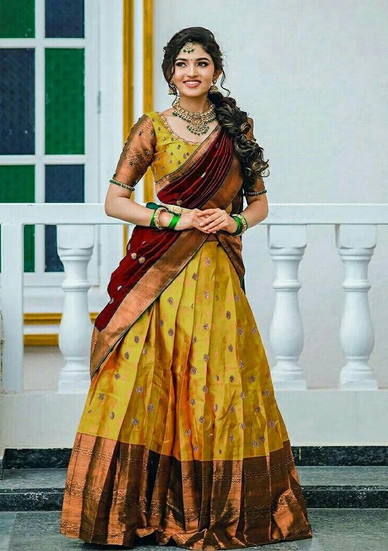 Yellow Woven Design Blended Lehenga Choli - Indya