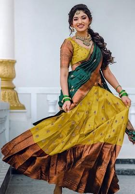 Yellow Woven Design Blended Lehenga Choli
