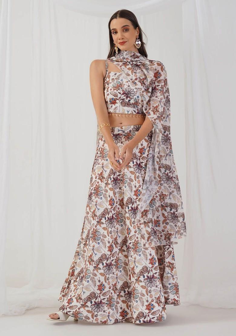 Off White Printed Blended Lehenga Choli