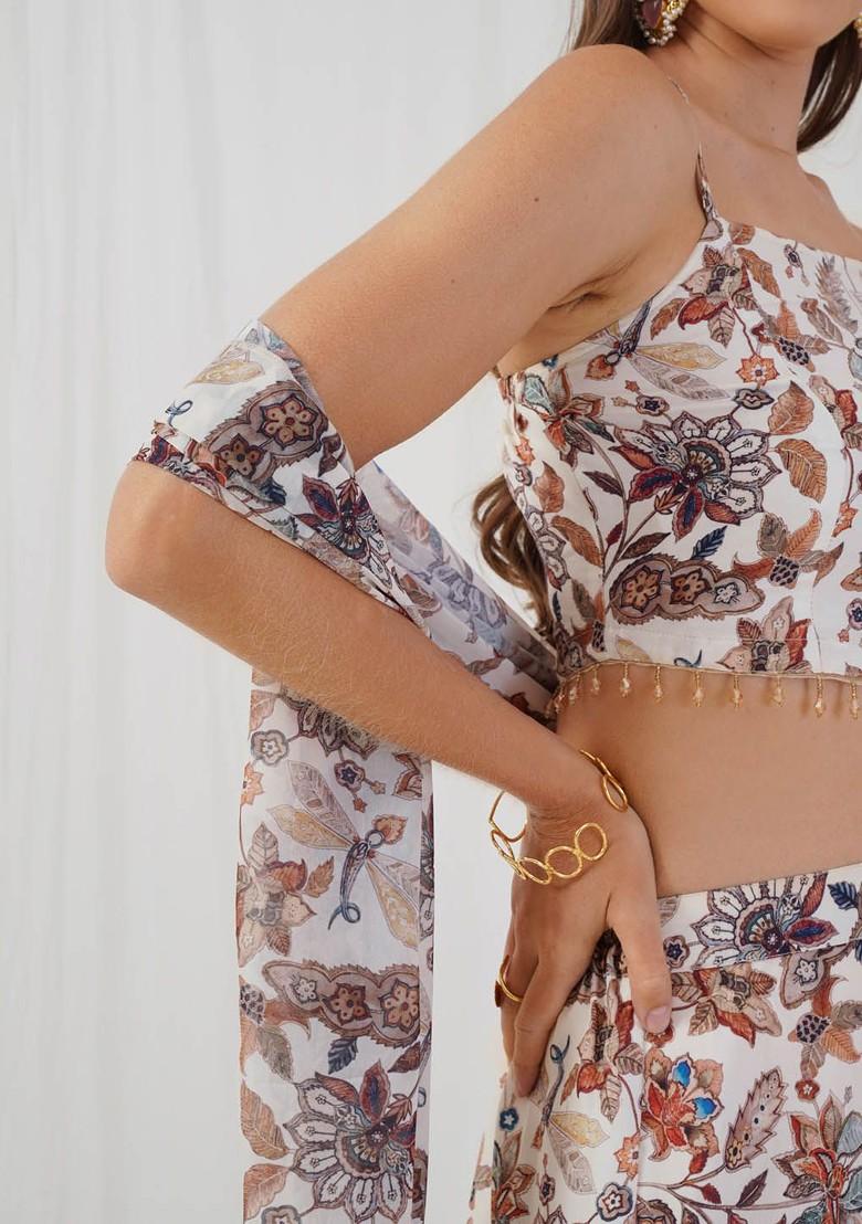 Off White Printed Blended Lehenga Choli