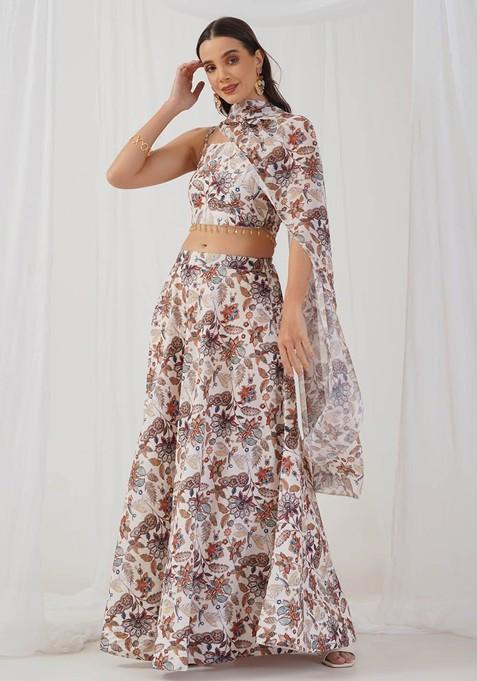 Off White Printed Blended Lehenga Choli