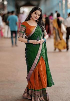 Orange Woven Design Blended Lehenga Choli