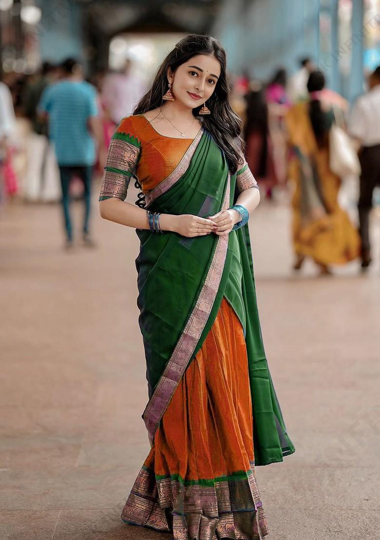 Orange Woven Design Blended Lehenga Choli - Indya
