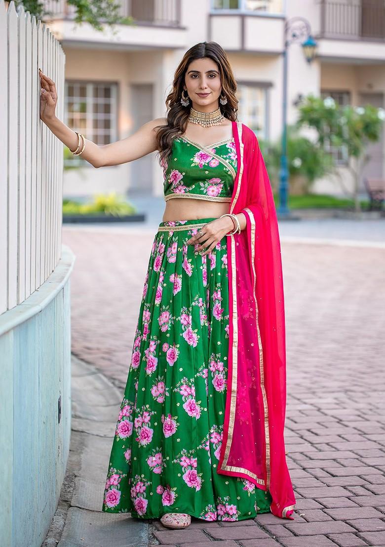 Green Printed Blended Lehenga Choli