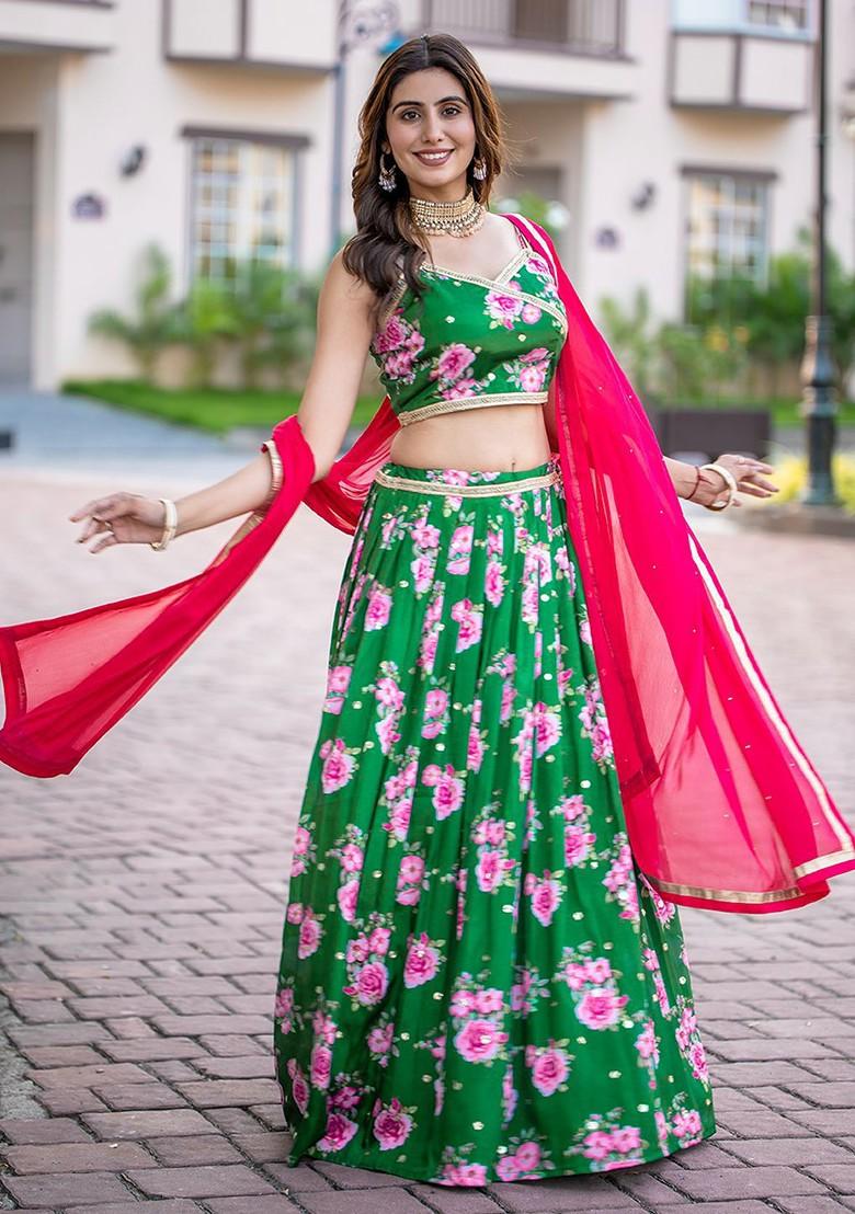Green Printed Blended Lehenga Choli