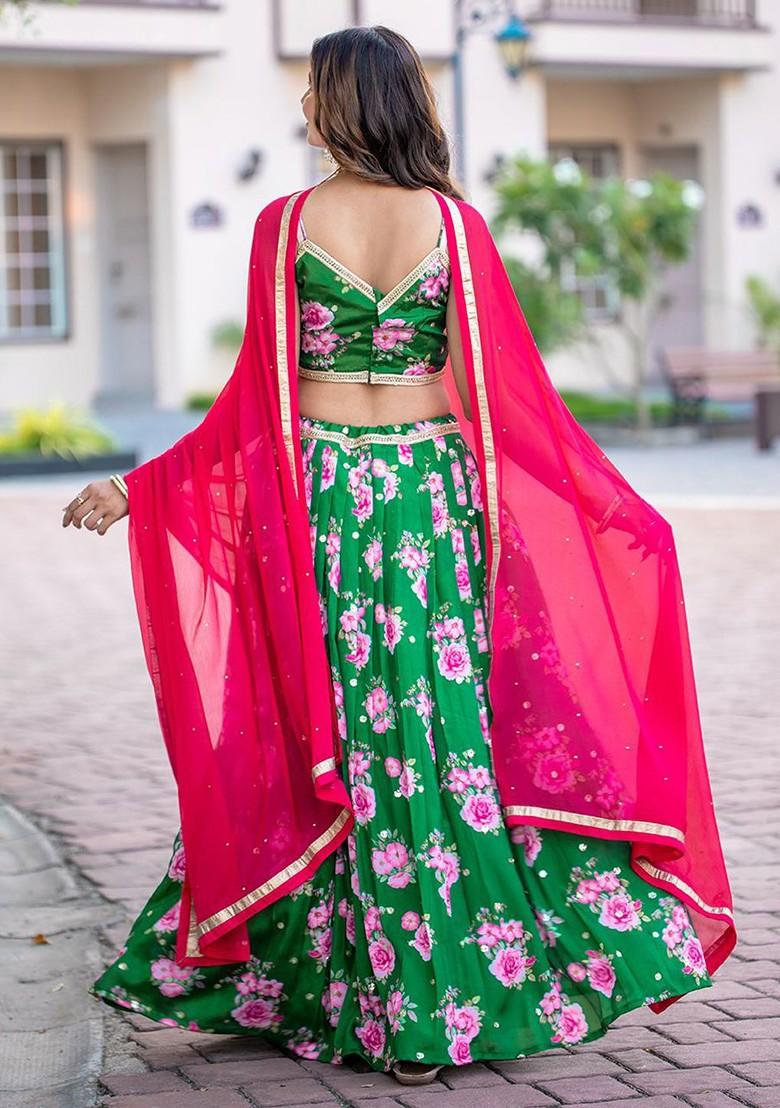 Green Printed Blended Lehenga Choli