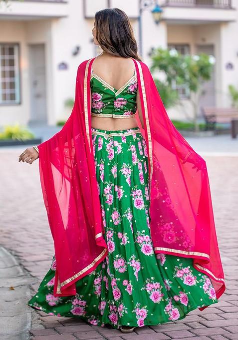 Green Printed Blended Lehenga Choli