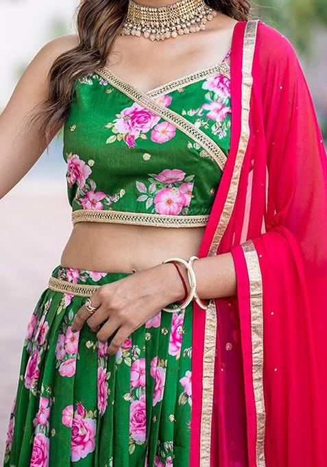 Green Printed Blended Lehenga Choli