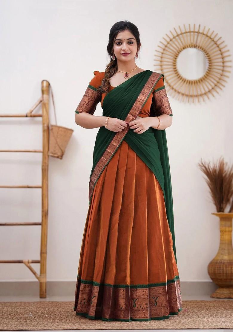 Orange Woven Design Blended Lehenga Choli - Indya