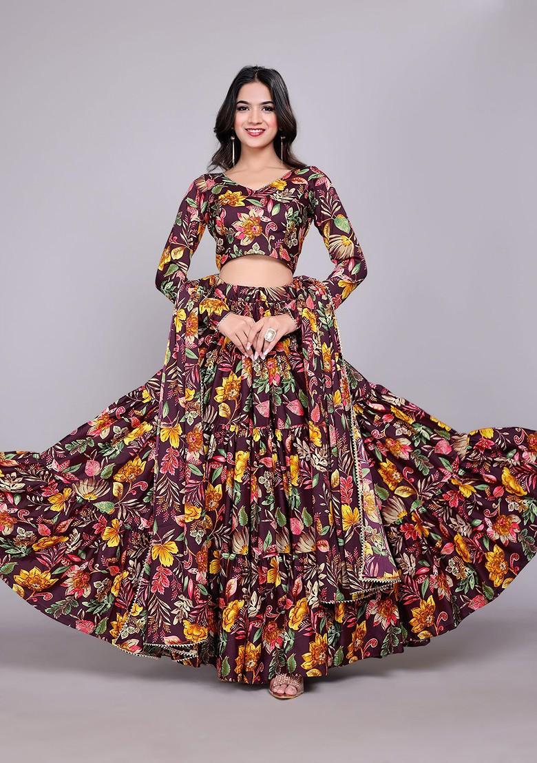 Purple Printed Blended Lehenga Choli