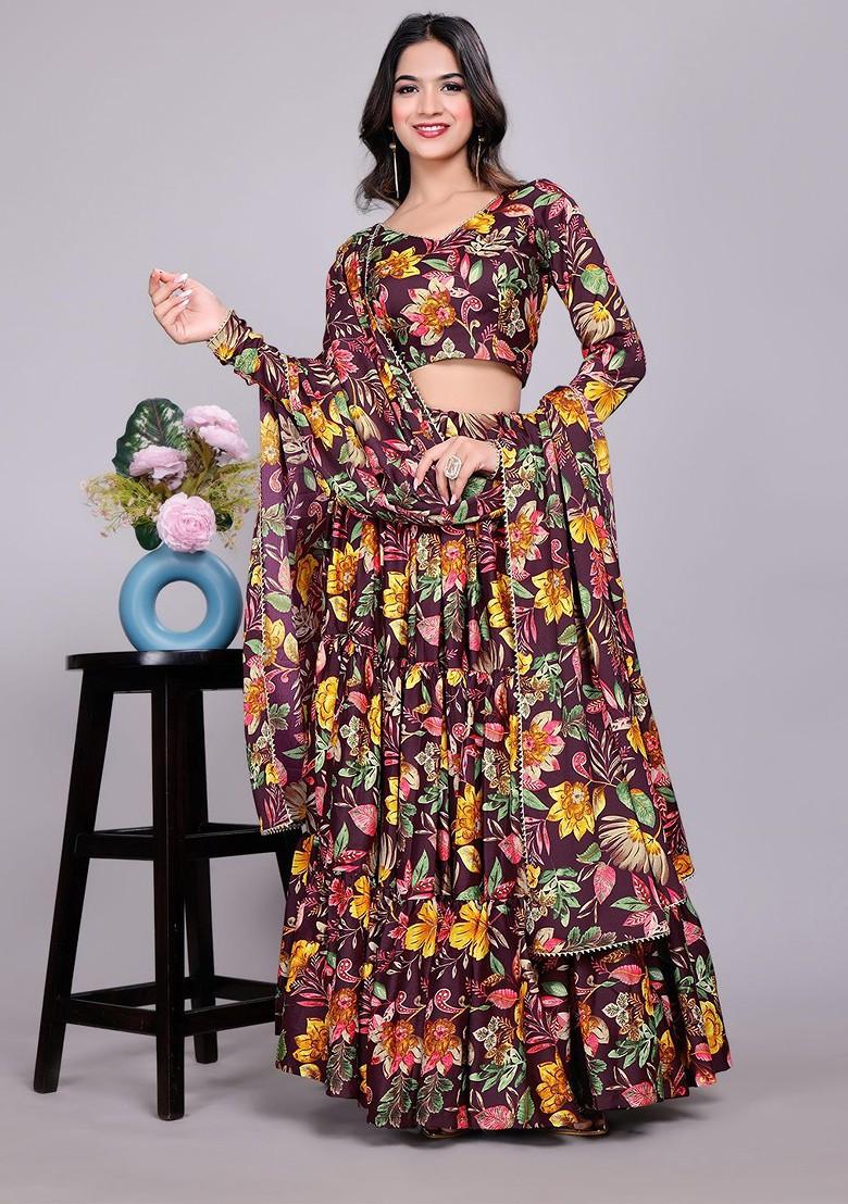 Purple Printed Blended Lehenga Choli