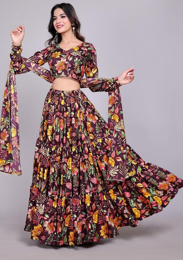 Purple Printed Blended Lehenga Choli