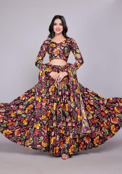 Purple Printed Blended Lehenga Choli