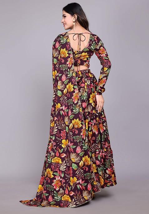 Purple Printed Blended Lehenga Choli