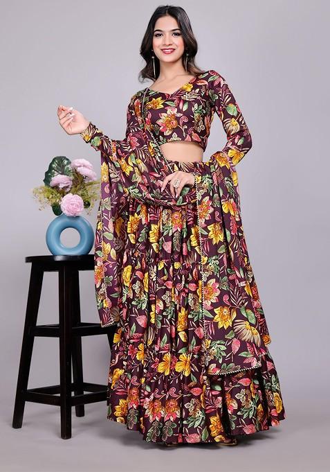 Purple Printed Blended Lehenga Choli