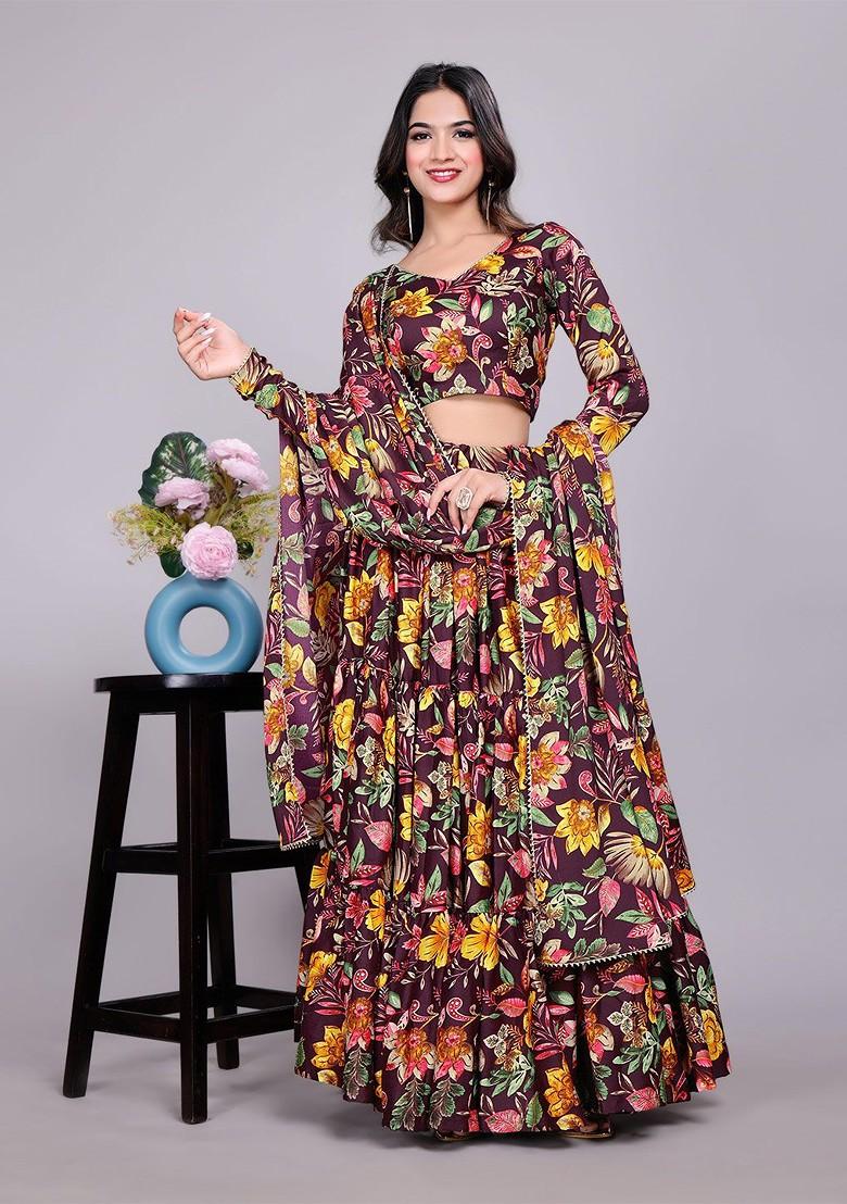Purple Printed Blended Lehenga Choli