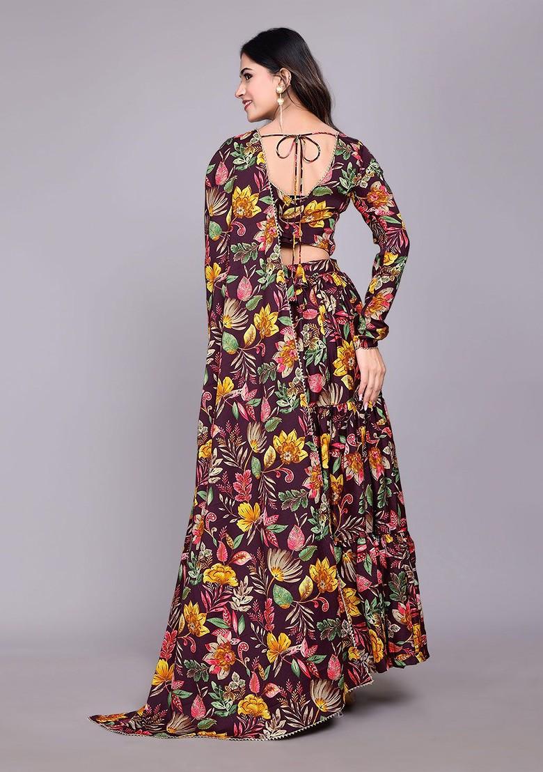 Purple Printed Blended Lehenga Choli