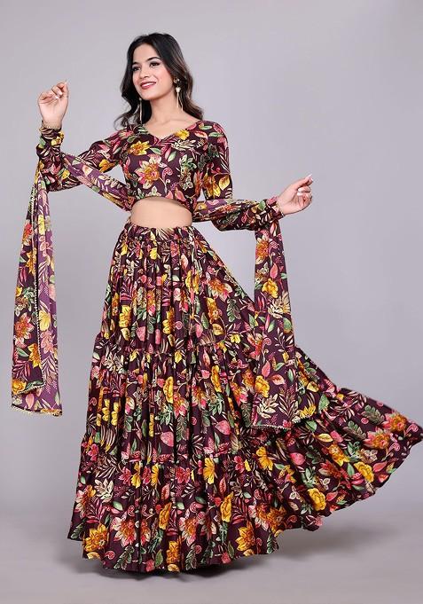 Purple Printed Blended Lehenga Choli
