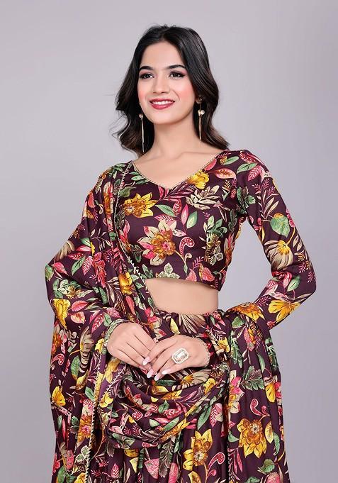 Purple Printed Blended Lehenga Choli