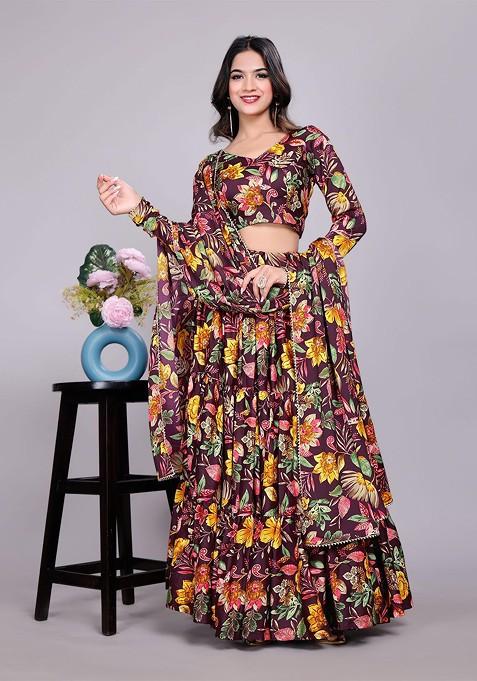 Purple Printed Blended Lehenga Choli