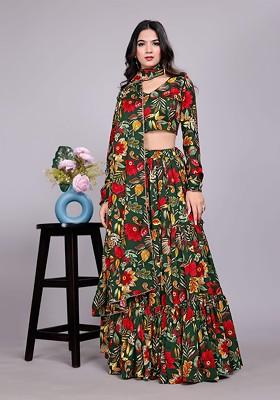Green Printed Blended Lehenga Choli