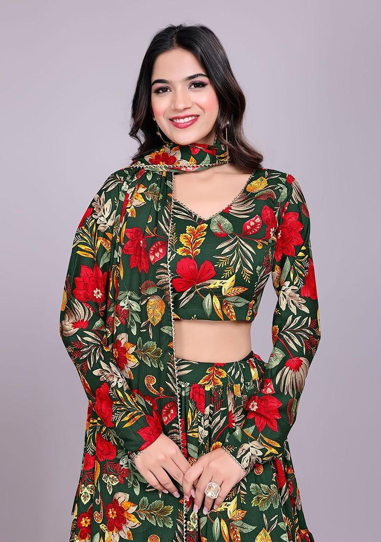 Green Printed Blended Lehenga Choli - Indya